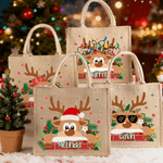 Personalized Cute Cartoon Reindeer Design Large Jute Tote Bag with Name Christmas Party Gift for Kids Family