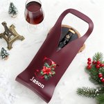 Personalized Poinsettia Initial PU Leather Wine Bag with Name and Handle Protective Wine Accessories Chritstmas Birthday Party Gift for Wine Lover
