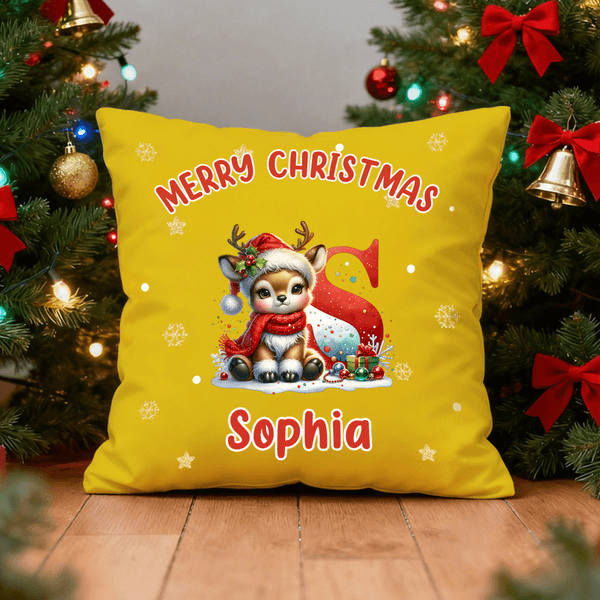 Personalized Reindeer Initial Multicolour Soft Throw Pillow Cover with Name Home Decor Christmas Gift for Family Kids