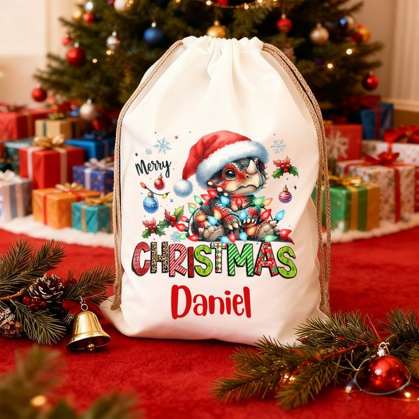 Personliga lyktor Tomteluva Dinosaurie Stor Canvas Presentpåse med dragsko och namn Julklapp till familj och vänner
