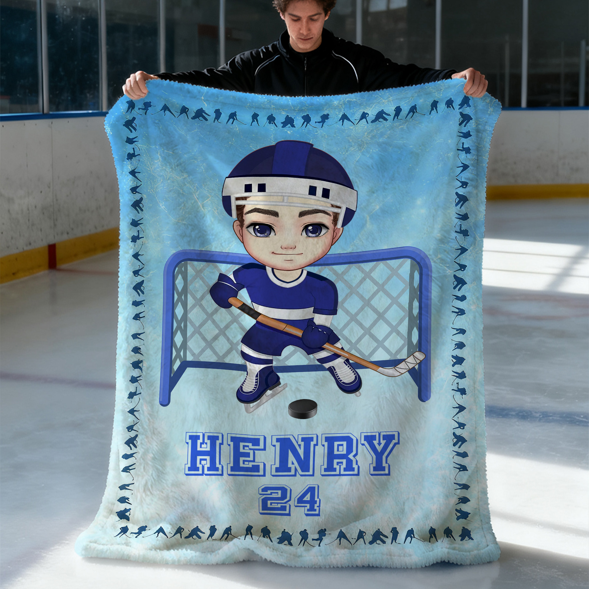 Couverture Douce Personnalisée avec Personnage Cartoon et Nom Cadeau Anniversaire Noël pour Joueurs et Amateurs de Hockey sur Glace