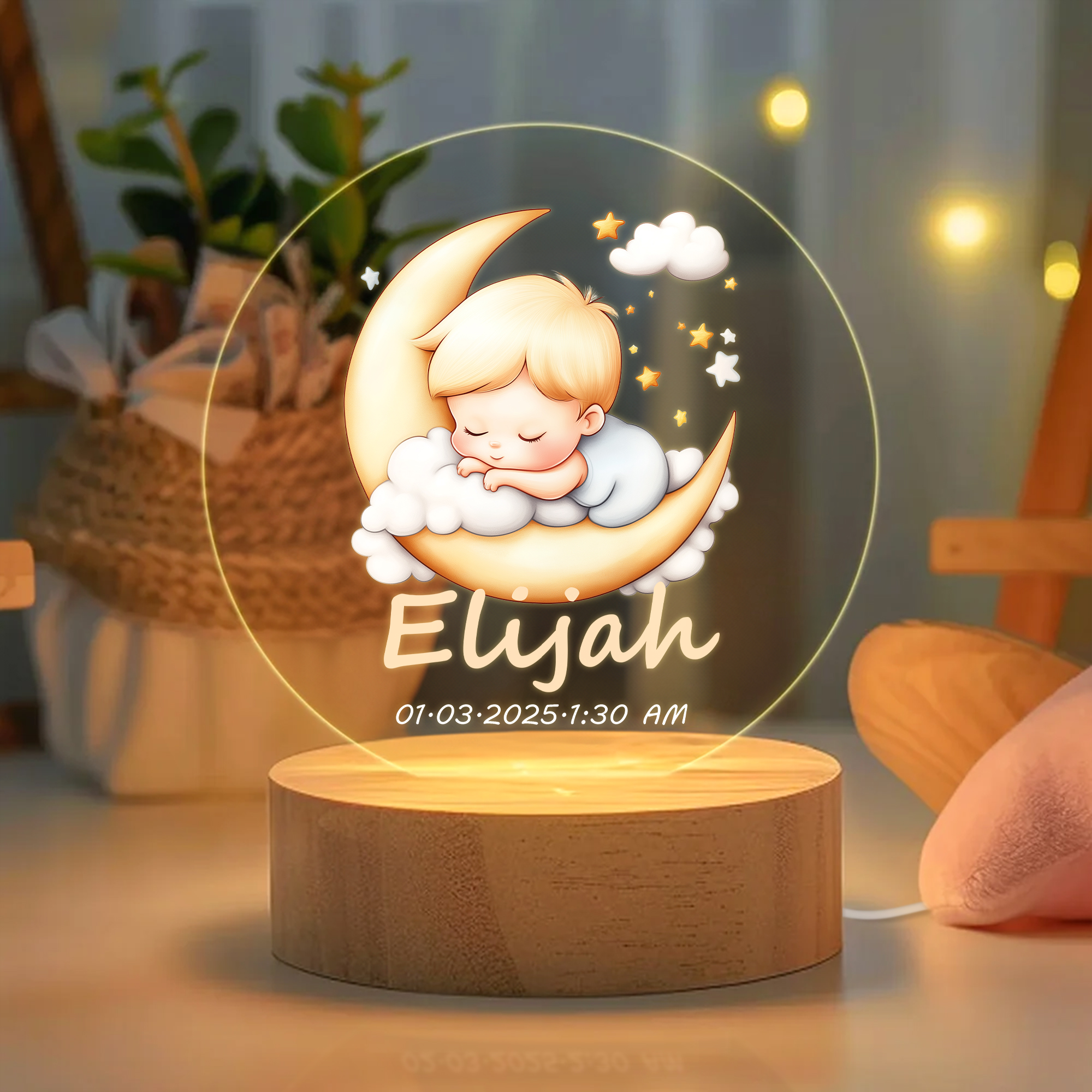 Veilleuse LED en acrylique personnalisée avec nom et socle en bois pour bébé Moon Cloud Décoration de chambre d'enfant Anniversaire Cadeau d'anniversaire pour garçons filles