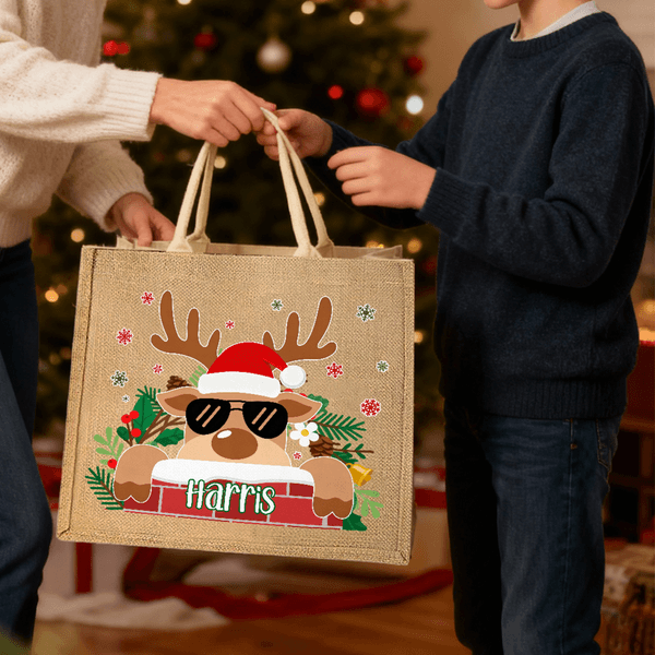 Personalized Cute Cartoon Reindeer Design Large Jute Tote Bag with Name Christmas Party Gift for Kids Family