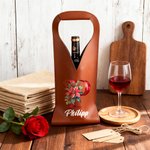 Personalized Poinsettia Initial PU Leather Wine Bag with Name and Handle Protective Wine Accessories Chritstmas Birthday Party Gift for Wine Lover