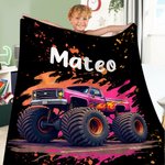 Personalized Big Wheel Off-Road Truck Soft Throw Blanket with Name Home Decor Birthday Christmas Gift for Children Boys Truck Lovers