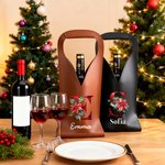 Personalized Poinsettia Initial PU Leather Wine Bag with Name and Handle Protective Wine Accessories Chritstmas Birthday Party Gift for Wine Lover