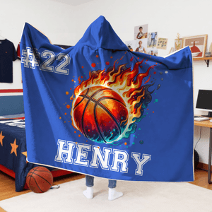 Personalised Flame Basketball Baseball Sports Pattern Soft Hooded Blanket with Name and Number Birthday Christmas Gift for Kids Family