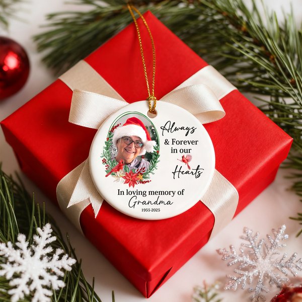 Personalized Always & Forever In Our Hearts Cardinal Photo Christmas Ornament with Name Memorial Gift for Loss of Loved One