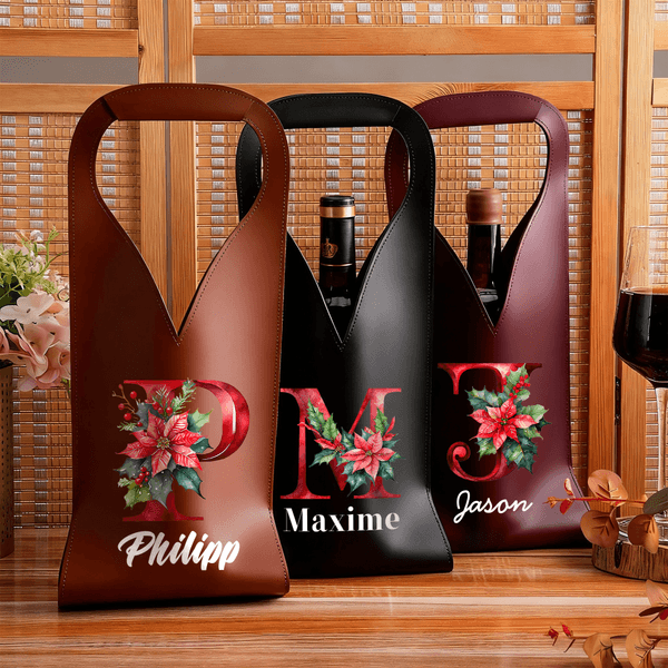 Personalized Poinsettia Initial PU Leather Wine Bag with Name and Handle Protective Wine Accessories Chritstmas Birthday Party Gift for Wine Lover