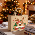 Personalized Cute Cartoon Reindeer Design Large Jute Tote Bag with Name Christmas Party Gift for Kids Family