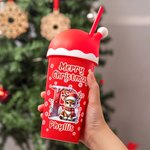 Personalized Reindeer Initial Snowflake 20 oz Cup with Matching Santa Hat Lid and Name Christmas Holiday Party Gift for Family Kids