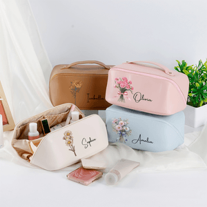 Personalized Birth Flower Multicolour PU Leather Makeup Bag with Name Travel Essential Christmas Birthday Gift for Sisters Friends