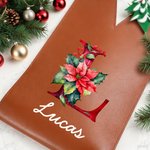 Personalized Poinsettia Initial PU Leather Wine Bag with Name and Handle Protective Wine Accessories Chritstmas Birthday Party Gift for Wine Lover