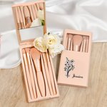 Personalised Birth Flower Bouquet 5 Pcs Makeup Brush Storage Box Set with Name and Mirror Christmas Birthday Wedding Gift for Ladies Girls