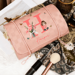 Personalizzato fiore di nascita Cartoon Character PU Leather Makeup Bag con nome e iniziale Uso quotidiano Compleanno Anniversario Regalo per le donne