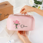 Personalised Birth Flower Multicolor PU Leather Makeup Bag with Name Travel Essential Christmas Birthday Gift for Sisters Friends