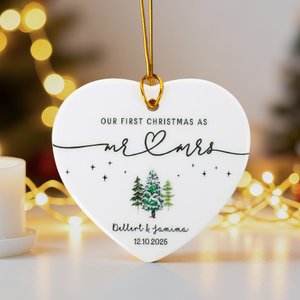 Personalized Heart-Shaped Mr Mrs Ceramic Christmas Ornament with Name and Date Home Decor First Christmas Keepsake Gift for Couples