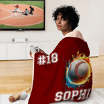 Personalised Flame Basketball Baseball Sports Pattern Soft Hooded Blanket with Name and Number Birthday Christmas Gift for Kids Family
