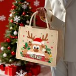 Personalized Cute Cartoon Reindeer Design Large Jute Tote Bag with Name Christmas Party Gift for Kids Family