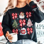 Personalised Santa Claus Snowflake Bow Christmas Tree Multicolor T-shirt Sweatshirt with Name Christmas Gift for Women