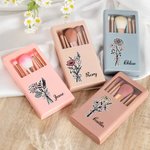 Personalised Birth Flower Bouquet 5 Pcs Makeup Brush Storage Box Set with Name and Mirror Christmas Birthday Wedding Gift for Ladies Girls