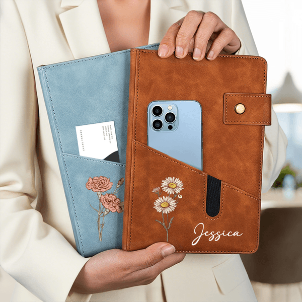 Personalised Birth Flower Name PU Leather A5 Notebook with Storage Pocket and Lined Pages Diary Planner Travel Birthday Gift for Friend