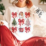 Personalised Santa Claus Snowflake Bow Christmas Tree Multicolor T-shirt Sweatshirt with Name Christmas Gift for Women