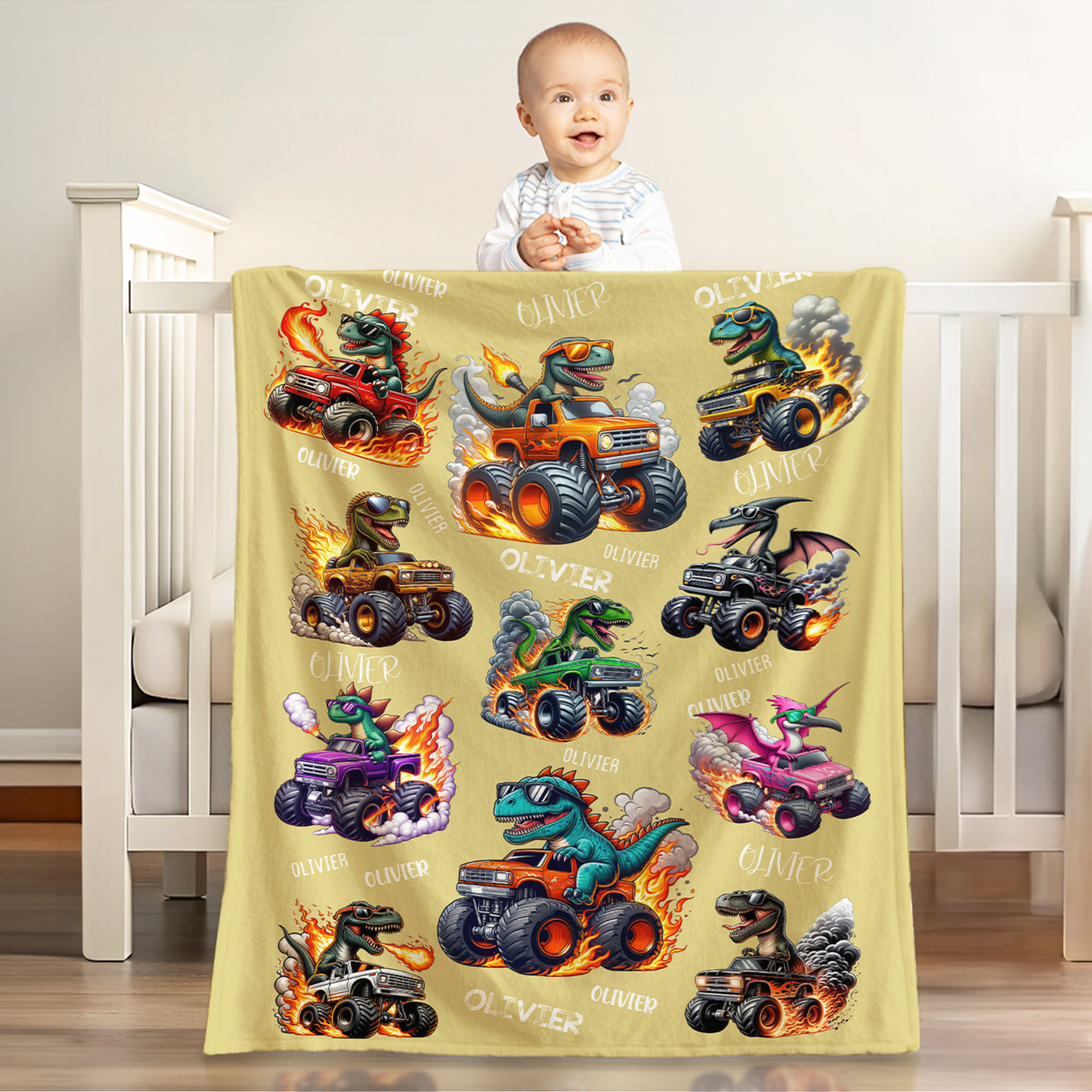 Plaid personnalisé avec nom pour la décoration de la maison Cadeau d'anniversaire pour les enfants qui aiment les camions de dinosaures.