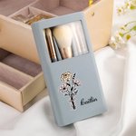 Personalised Birth Flower Bouquet 5 Pcs Makeup Brush Storage Box Set with Name and Mirror Christmas Birthday Wedding Gift for Ladies Girls