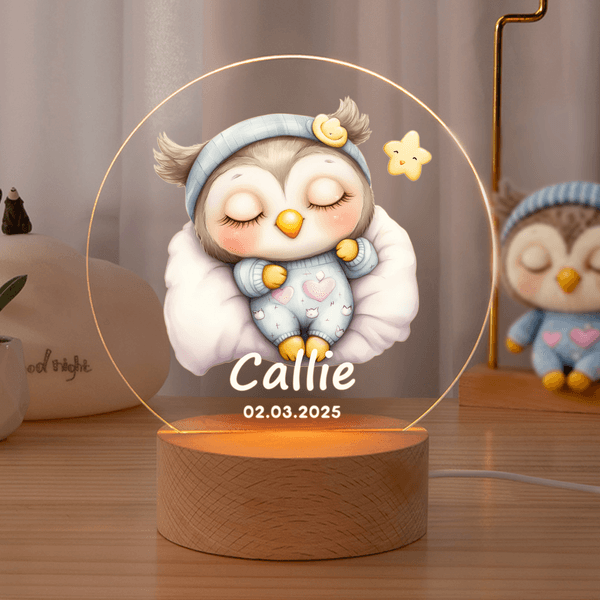 Personalized Star Heart Flower Cute Sleepy Animal Acrylic LED Night Light with Name Date and Wooden Base Birthday Christmas Gift for Kids