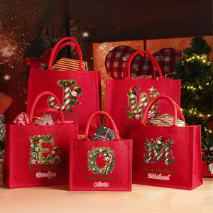 Personalised Merry Christmas Cute Elf Large Red Jute Tote Bag with Name and Initial Christmas Festival Party Gift for Kids