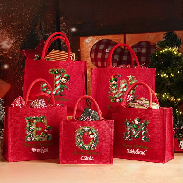 Sac en toile de jute rouge avec nom et initiales Cadeau de fête de Noël pour les enfants