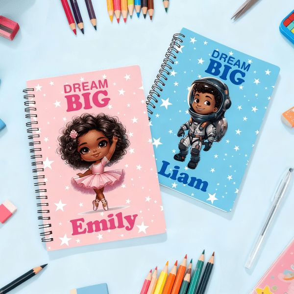 Personalized Dream Big Black Boy Girl A5 Spiral Notebook with Name and 120 Lined Pages Daily Use Birthday Gift for Boys Girls
