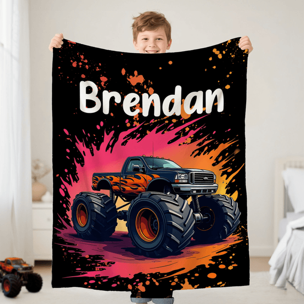 Personalized Big Wheel Off-Road Truck Soft Throw Blanket with Name Home Decor Birthday Christmas Gift for Children Boys Truck Lovers
