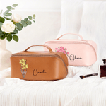 Personalised Birth Flower Multicolor PU Leather Makeup Bag with Name Travel Essential Christmas Birthday Gift for Sisters Friends