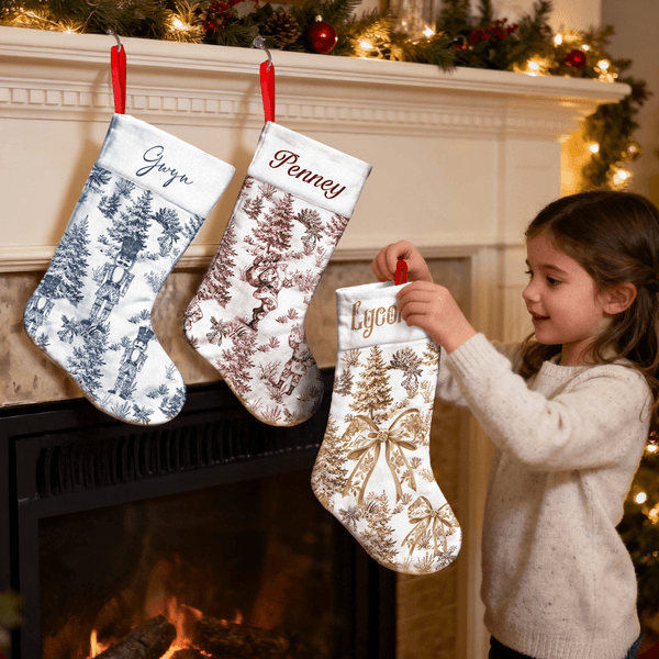 Personalized Toile De Jouy Santa Claus Reindeer Nutcracker Christmas Stocking with Name Home Decor Christmas Gift for Kids Family Friends