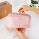 Personalised Birth Flower PU Leather Makeup Bag with Name Birthday Anniversary Gift for Her