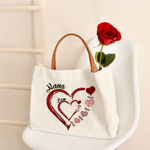 Personalized Heart Shape 1-16 Family Kids Names Canvas Handbag with Title Birthday Mother's Day Christmas Gift for Moms Grandmas