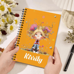 Personalized Cute Cartoon Quirky Girl A5 Spiral Notebook with Name and 120 Lined Pages Christmas Birthday Gift for Women Girls