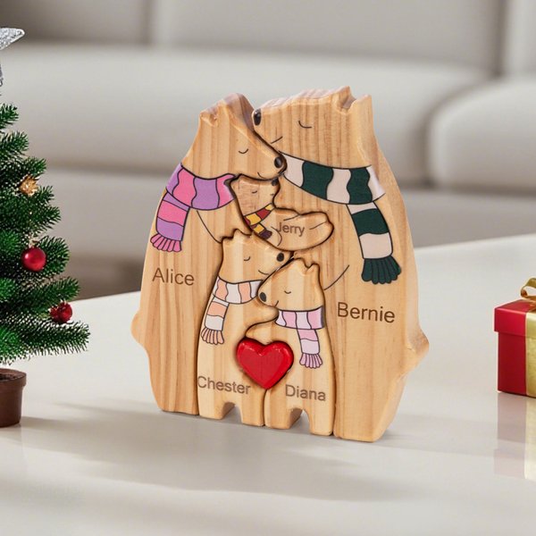 Gepersonaliseerd Houten Schattige Sjaal Knuffel Beer Familie Puzzel met Lover Hart en 2-8 Namen Bureaudecoratie Verjaardag Verjaardagscadeau voor Familie