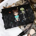 Personalised Birth Flower Cartoon Character 4-In-1 PU Leather Makeup Bag with Name Travel Essentials Wedding Party Birthday Gift for Women