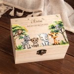 Personalized Cartoon Jungle Animals Wooden Memory Storage Box with Name and Text Birthday Baby Shower Gift for Newborn Parent