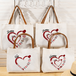 Personalized Heart Shape 1-16 Family Kids Names Canvas Handbag with Title Birthday Mother's Day Christmas Gift for Moms Grandmas