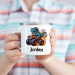 Personalised Dinosaur Lorry Multicolour 12 oz Enamel Mug with Name Birthday Christmas Gift for Kids Dinosaur Lorry Lovers