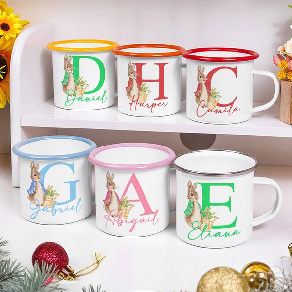 Personalised Cute Easter Peter Rabbit Bunny 12oz Enamel Mug with Initial and Name Christmas Back to School Birthday Gift for Kids
