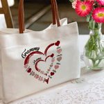 Personalized Heart Shape 1-16 Family Kids Names Canvas Handbag with Title Birthday Mother's Day Christmas Gift for Moms Grandmas