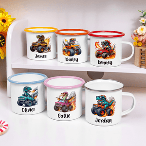 Personalised Dinosaur Lorry Multicolour 12 oz Enamel Mug with Name Birthday Christmas Gift for Kids Dinosaur Lorry Lovers
