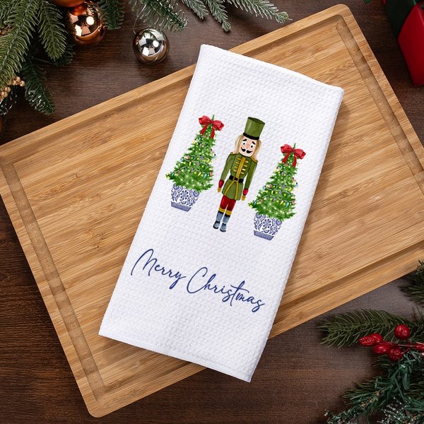 Personalised Watercolour Christmas Tree Chinoiserie Nutcracker Tea Towel with Text Kitchen Decor Christmas Gift for Family Friends