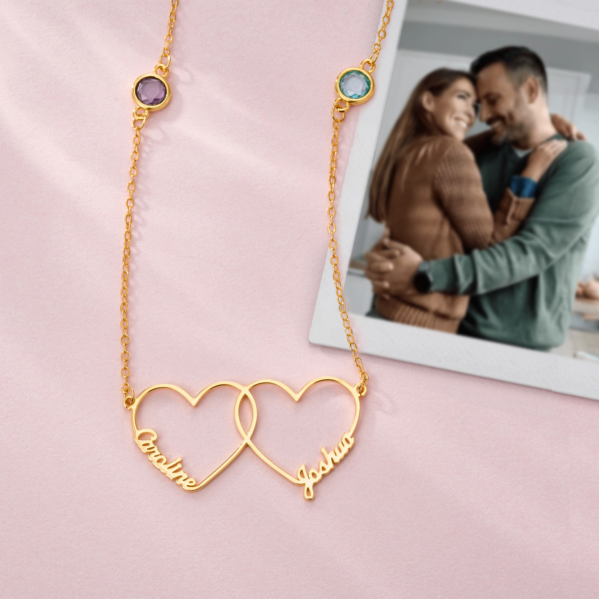 Collier double coeur personnalisé avec pierre de naissance et nom Anniversaire Noël Fête des Mères Cadeau pour Maman Femme