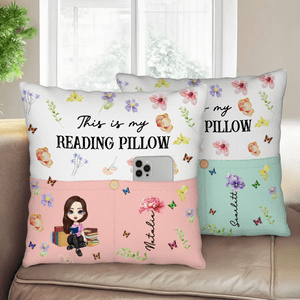 Personalised Birth Flower Cartoon Reading  Character Multicolour Cushion Cover with Name Home Decor Birthday Gift for Family Bookworms